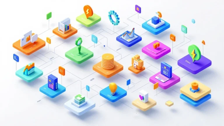 Isometric grid of 15 AI tool cards for Shopify categorized by function and price in 2026