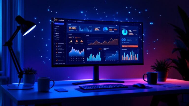 AI-powered Shopify store automation dashboard glowing on ultrawide monitor at night