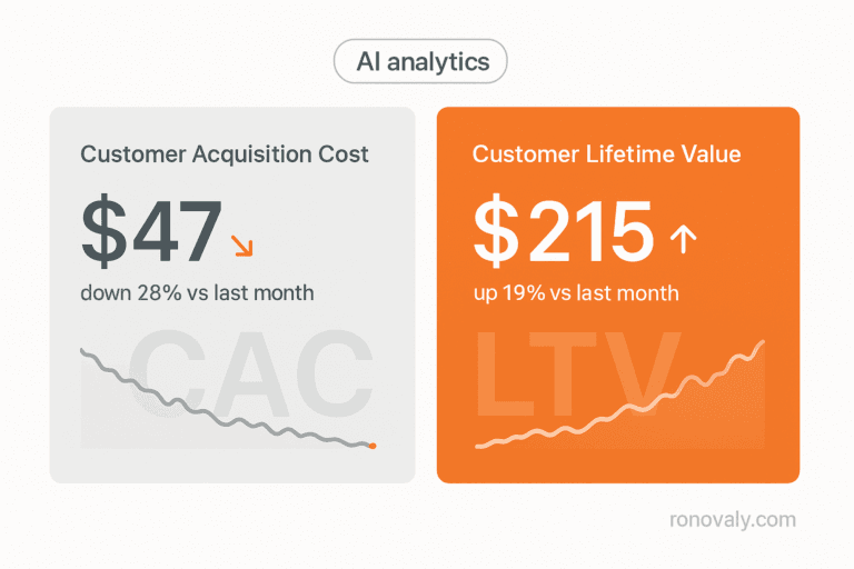 DTC brand founder reviewing AI analytics dashboard showing customer acquisition cost, lifetime value trends and attribution data for Shopify store