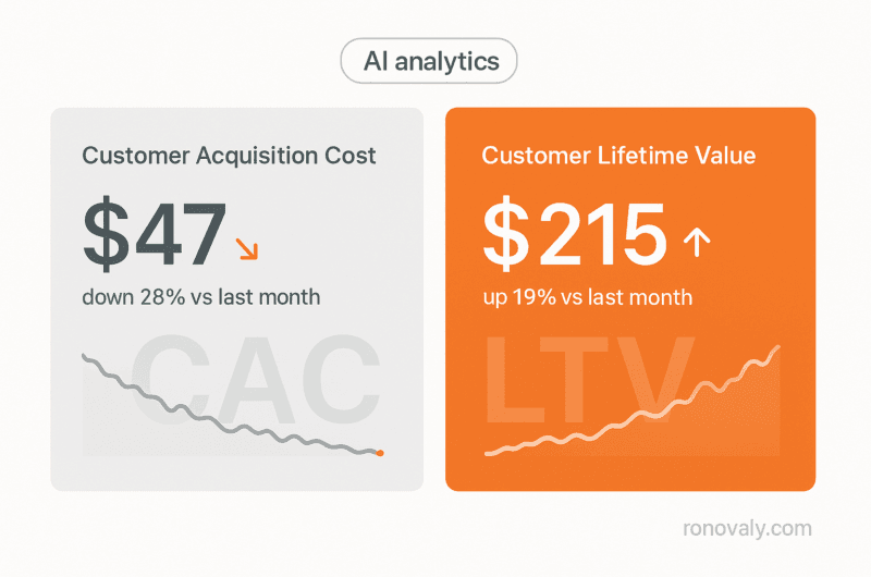 DTC brand founder reviewing AI analytics dashboard showing customer acquisition cost, lifetime value trends and attribution data for Shopify store