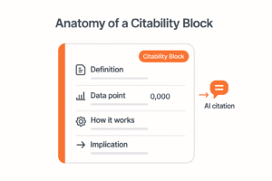 Citability block pattern diagram showing definition, data point, how it works and implication structure for AI citation