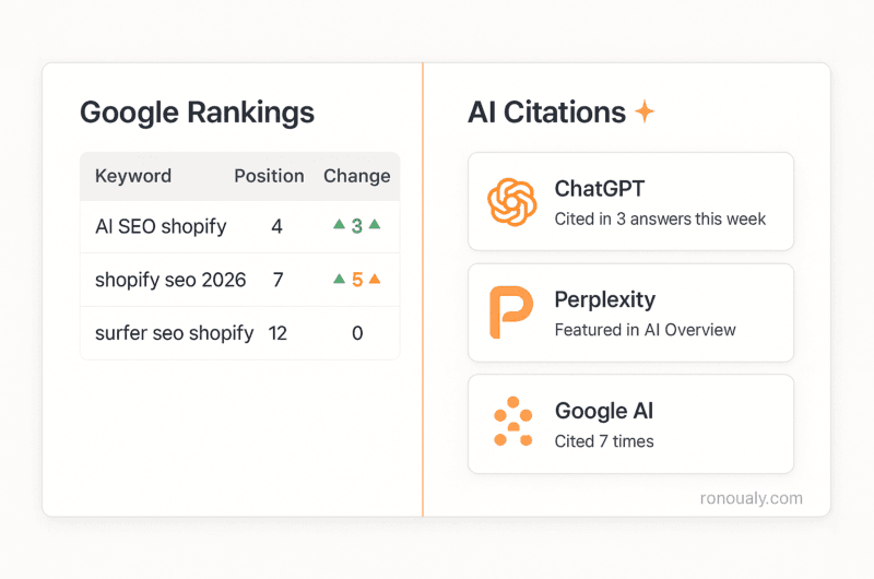 Shopify SEO dashboard showing Google rankings and AI citation tracking for ChatGPT and Perplexity