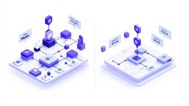 Isometric comparison of Make vs Zapier visual workflow builders for Shopify automation