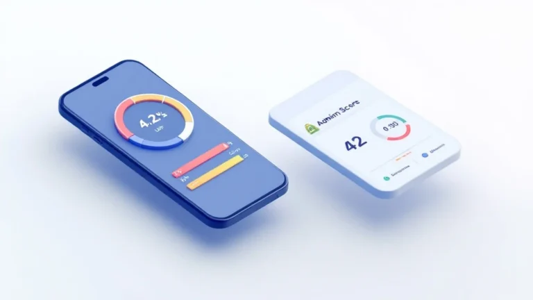 Isometric audit dashboard showing Google PageSpeed mobile metrics and Shopify speed score
