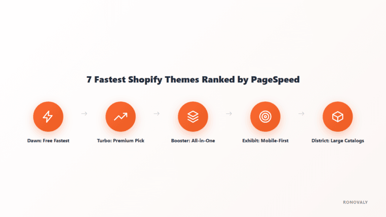 Diagram ranking 5 fastest Shopify themes by PageSpeed: Dawn, Turbo, Booster, Exhibit, District