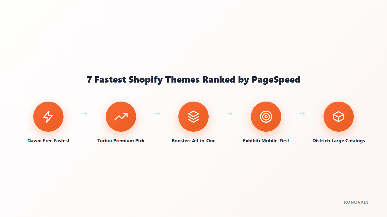 Diagram ranking 5 fastest Shopify themes by PageSpeed: Dawn, Turbo, Booster, Exhibit, District