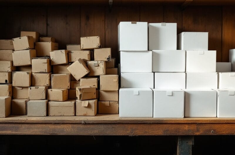 Rows of cluttered brown boxes next to clean organized white boxes representing a bloated versus lean Shopify app stack