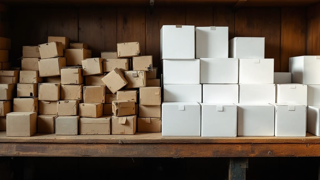 Rows of cluttered brown boxes next to clean organized white boxes representing a bloated versus lean Shopify app stack