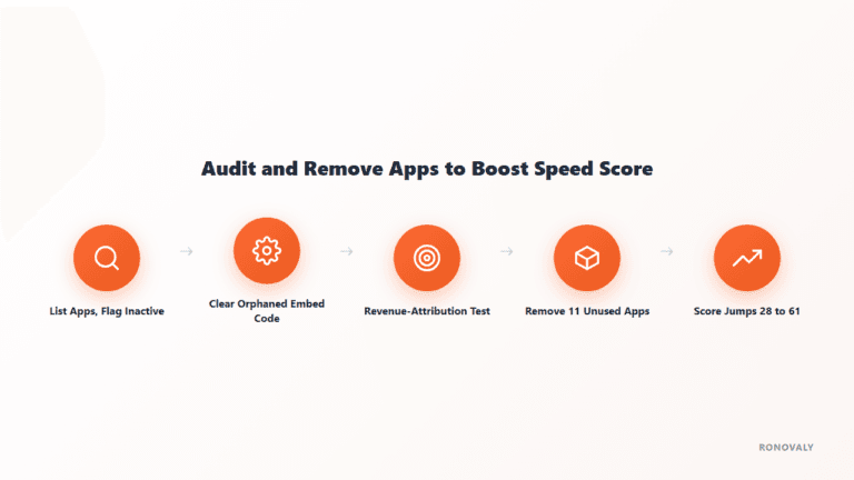 Diagram showing the app audit process that took a Shopify speed score from 28 to 61