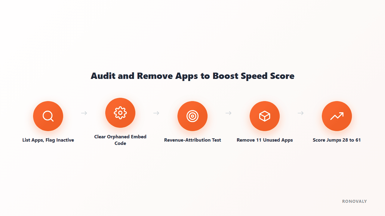 Diagram showing the app audit process that took a Shopify speed score from 28 to 61