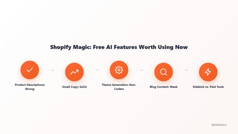 Diagram rating 5 Shopify Magic features: product descriptions strong, email copy solid, theme generation for non-coders, blog content weak, Sidekick vs paid tools