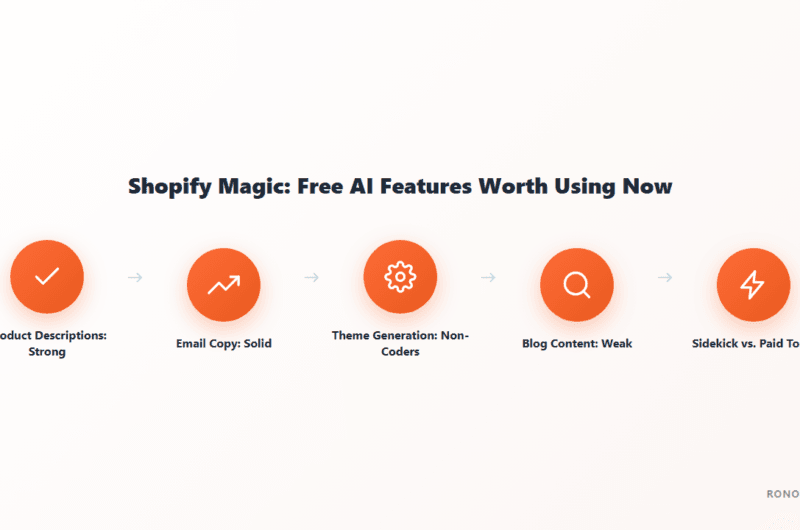 Diagram rating 5 Shopify Magic features: product descriptions strong, email copy solid, theme generation for non-coders, blog content weak, Sidekick vs paid tools