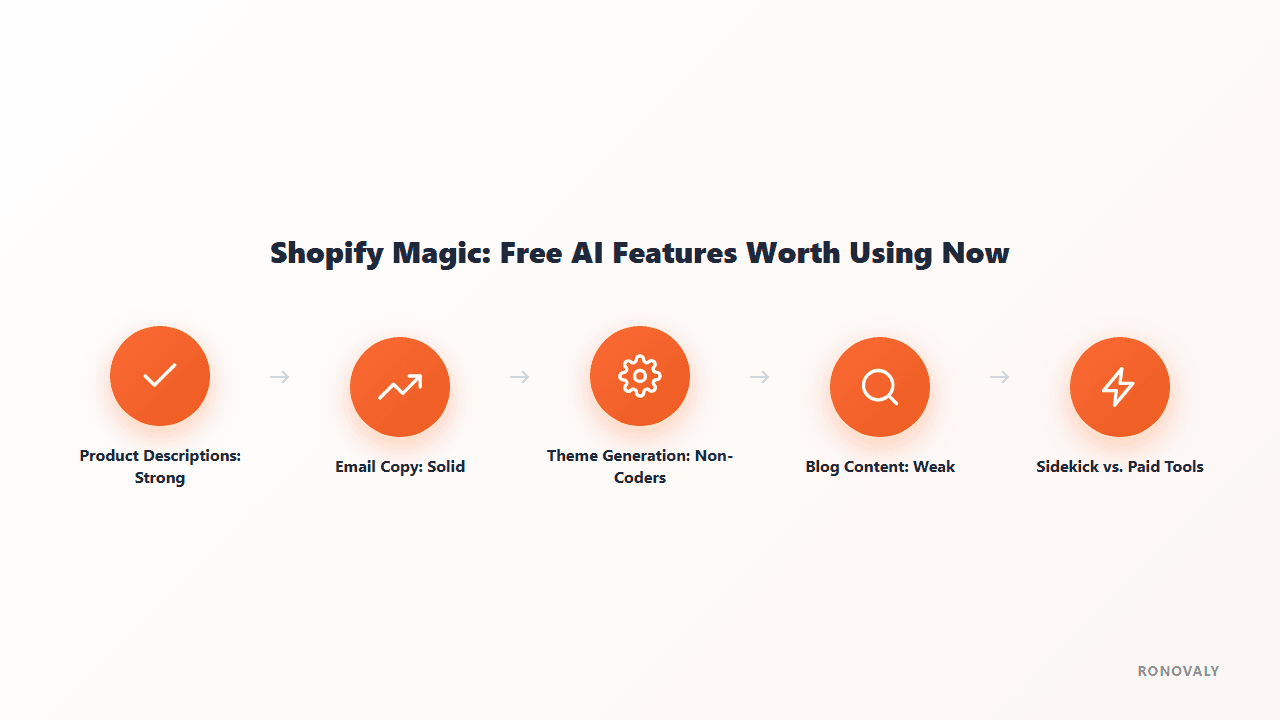 Diagram rating 5 Shopify Magic features: product descriptions strong, email copy solid, theme generation for non-coders, blog content weak, Sidekick vs paid tools
