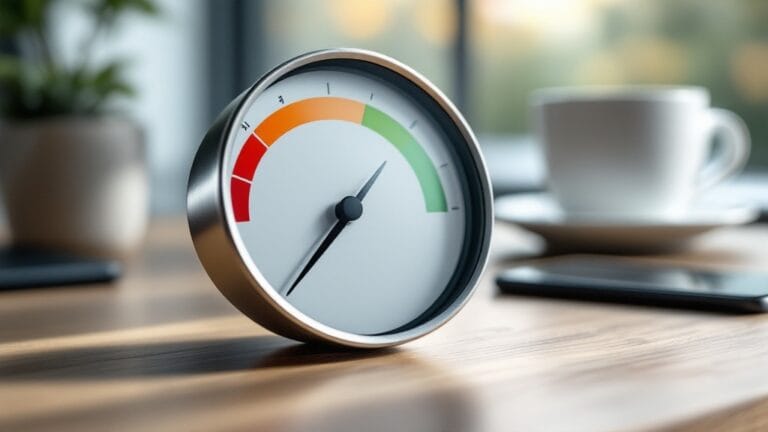 A gauge with its needle in the green zone representing a good Shopify speed score, next to a smartphone