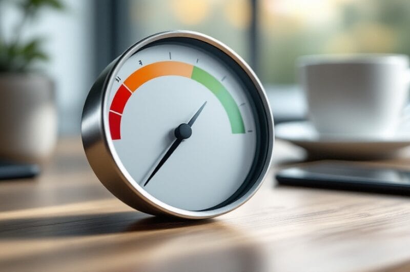 A gauge with its needle in the green zone representing a good Shopify speed score, next to a smartphone