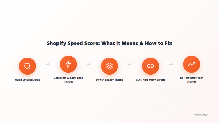 Diagram showing 5 steps to fix a low Shopify speed score: audit apps, compress images, switch theme, cut scripts, re-test