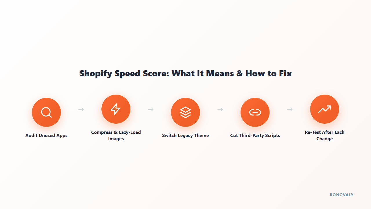Diagram showing 5 steps to fix a low Shopify speed score: audit apps, compress images, switch theme, cut scripts, re-test