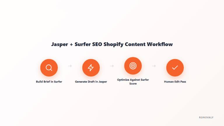 Diagram of the Jasper AI and Surfer SEO workflow for Shopify content